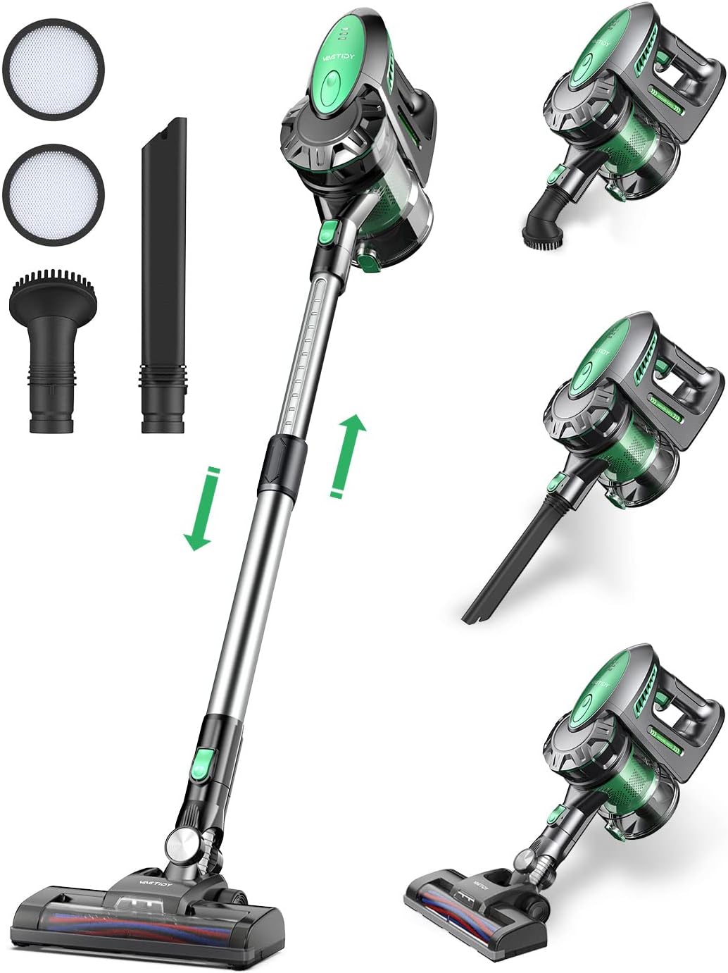 Vactidy Aspirateur sans fil, aspirateur sans fil avec batterie amovible, puissance d'aspiration 20 KPa pour sols en bois dur, jusqu'à 30 minutes d'autonomie(Noir/Argent/Vert)