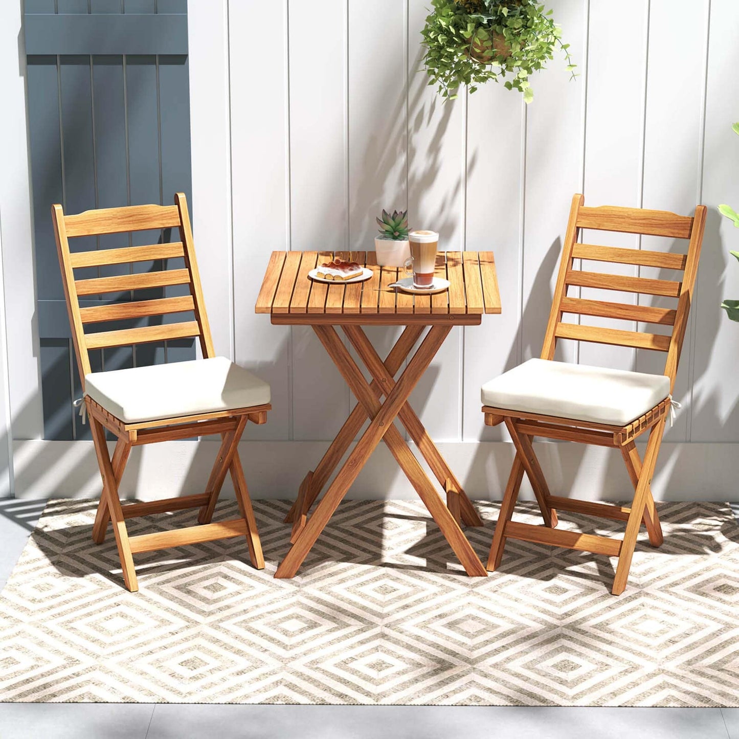 Patiojoy 3-Piece Folding Bistro Set with Removable Seat Cushions - See Details(Natural)