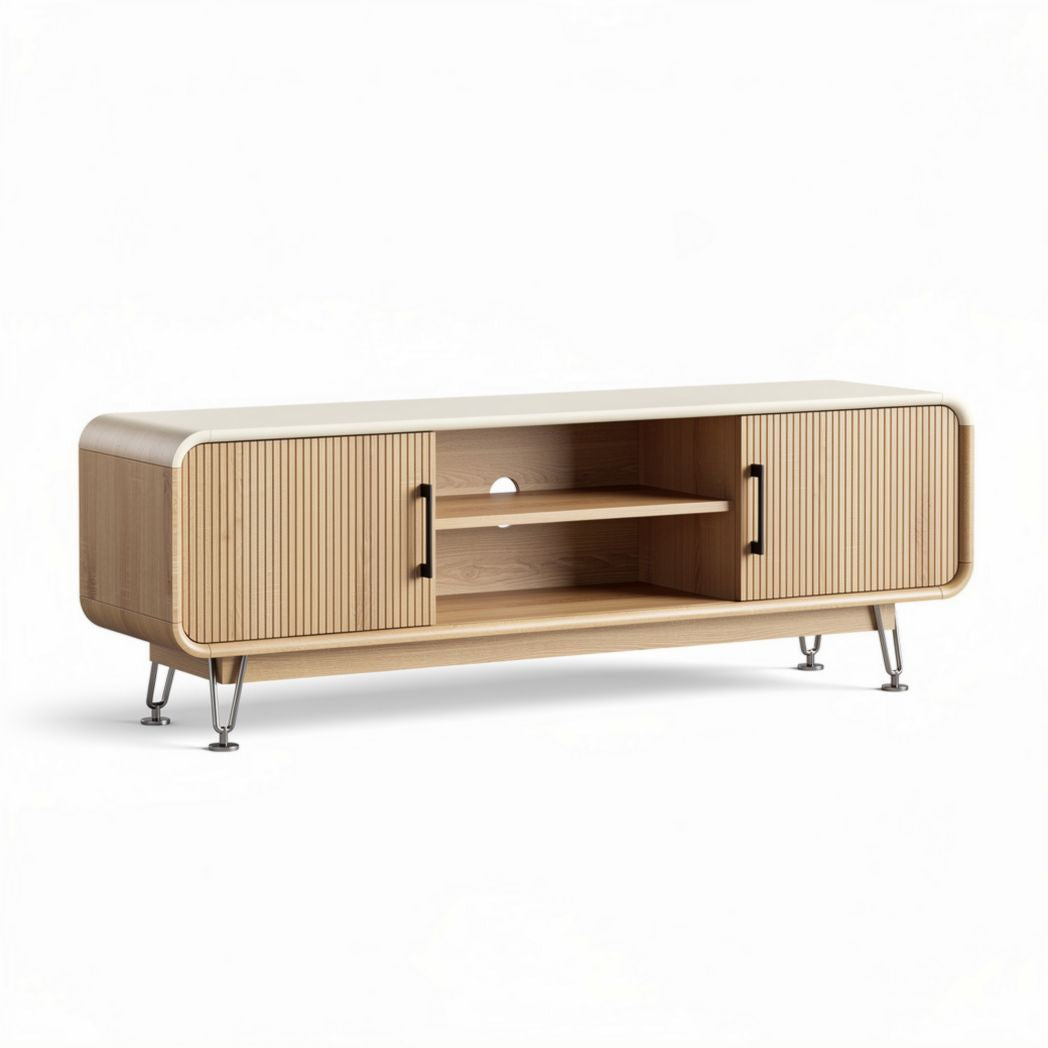 Meuble TV en bois naturel avec portes en verre et pieds en métal 150 x 40 x 50cm