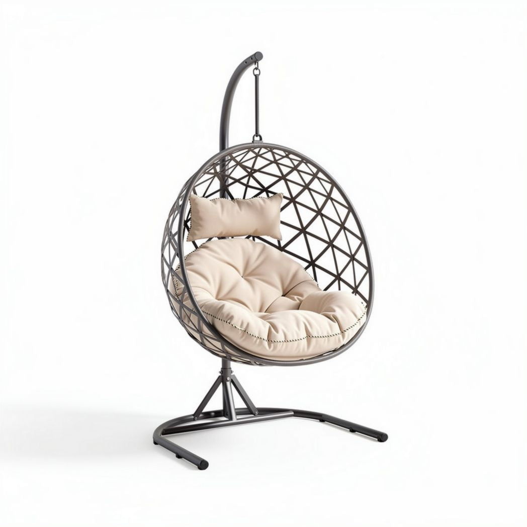 Chaise suspendue en métal et tissu beige avec coussin rembourré 120 x 100 x 200cm