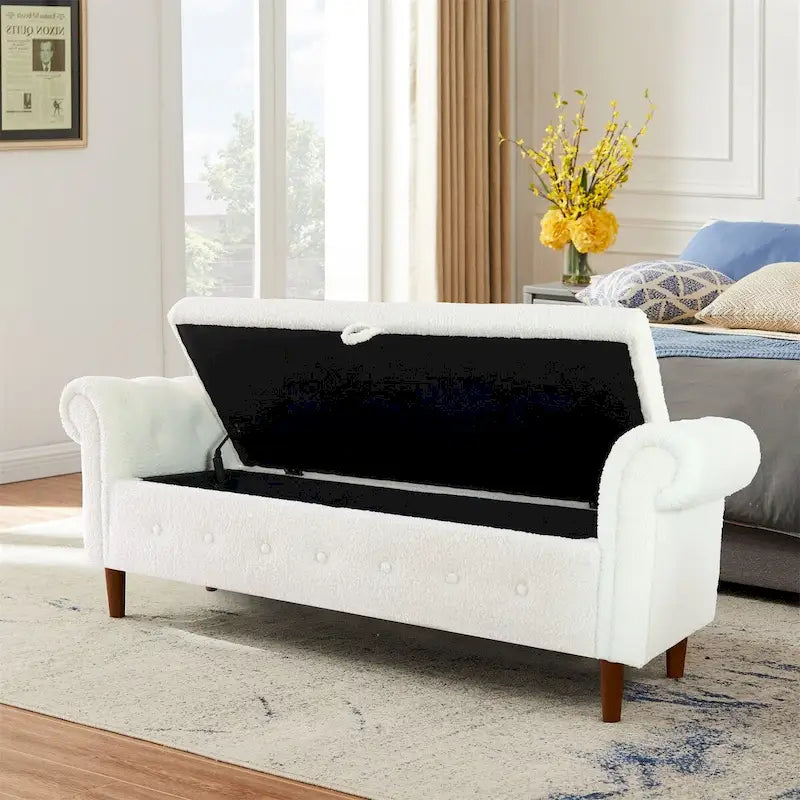 Storage Bench for Bedroom End of Bed Rolled Armed Velvet Ottoman Couch Long Bench(Teddy White)