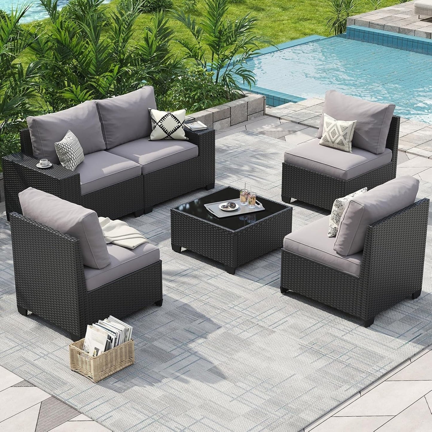 Outdoor Patio Furniture Sets with 4in Thicken Cushion(6 pcs/Grey)
