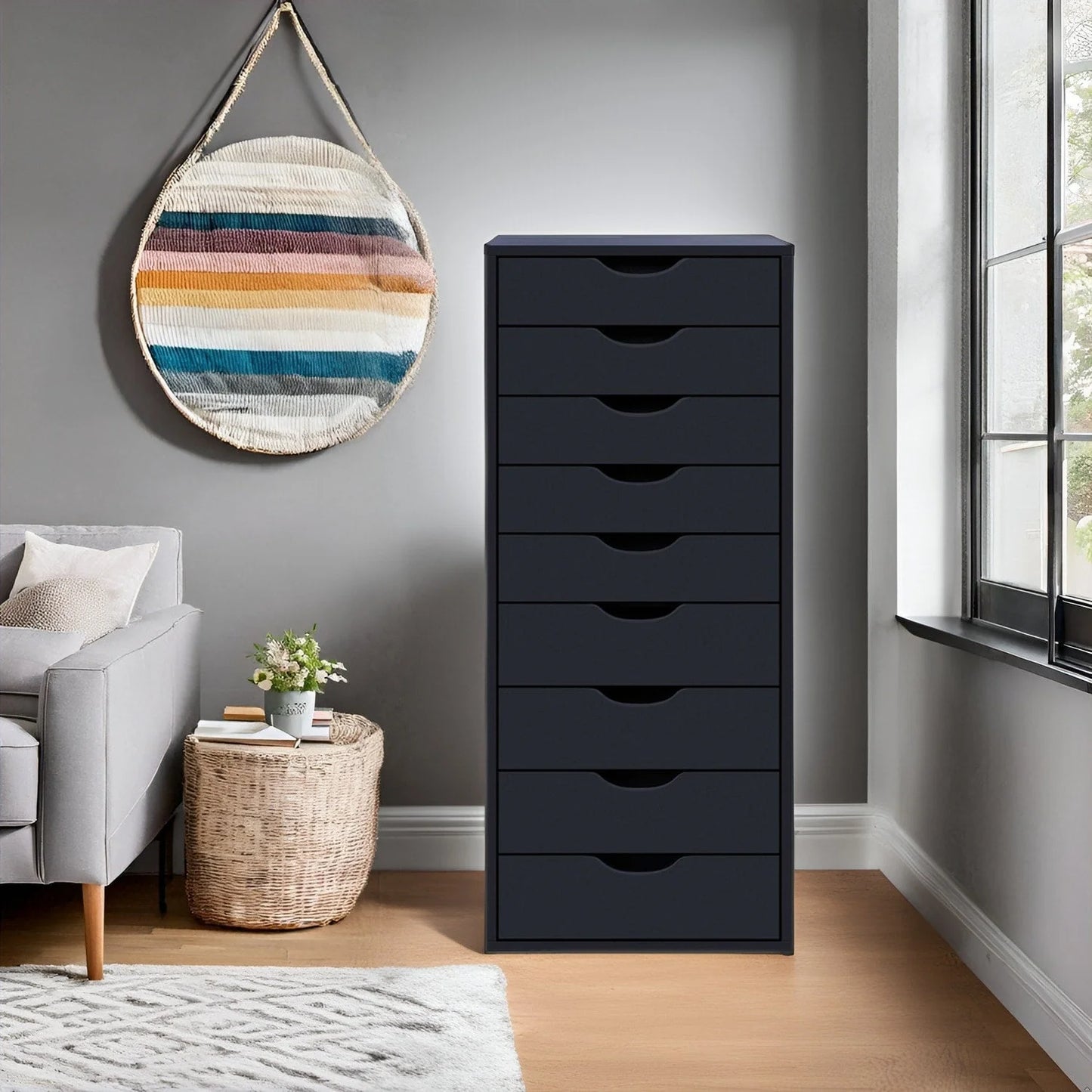 Narrow Wooden 9-Drawer Cabinet with Smooth-Glide Drawers and Top Storage Shelf(Black)