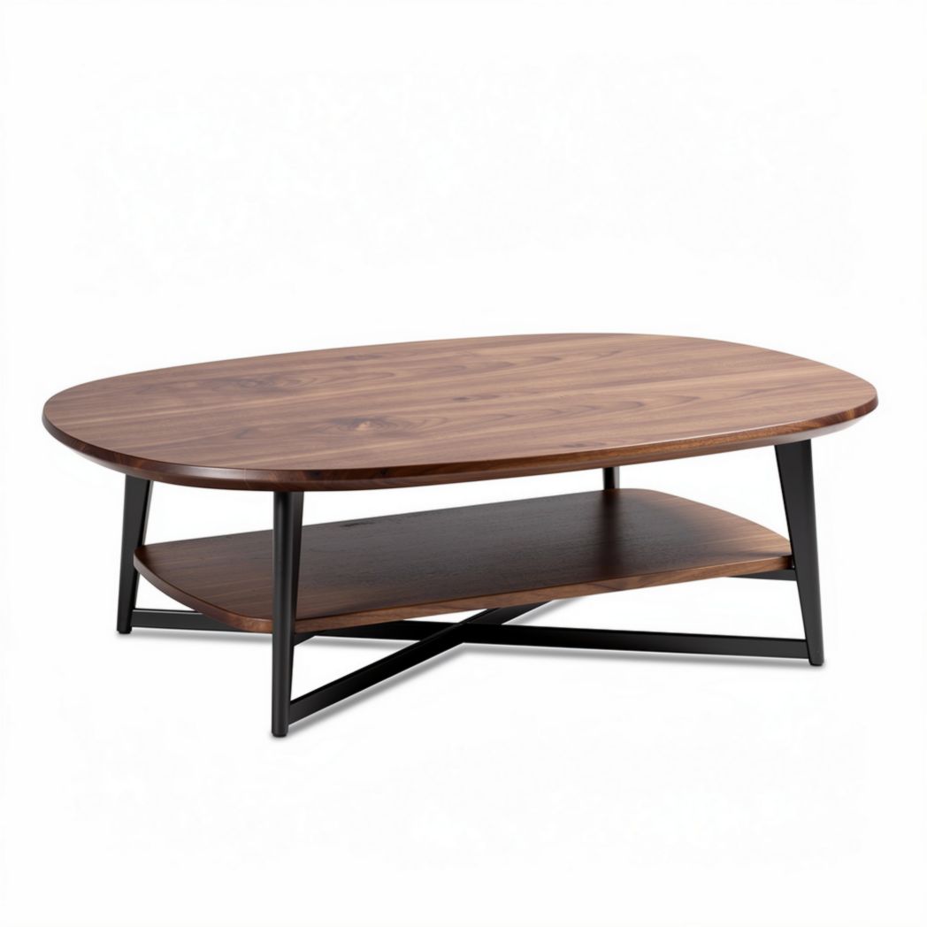 Table basse ovale en bois de noyer avec étagère inférieure 120 x 60 x 45cm