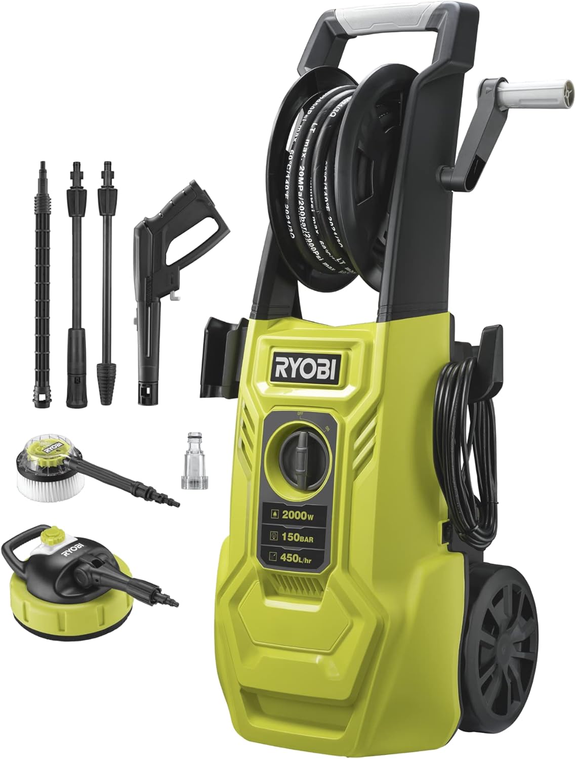 RYOBI nettoyeur haute pression 2000 W, 150 bars, débit 450 L/h, flexible 8 m avec enrouleur, réservoir détergent intégré, lance vario et turbo, brosse rotative, modèle RY150PWA(Jaune/Noir)