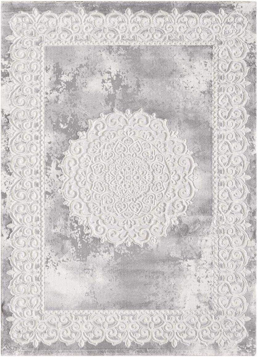 1A2T - Tapis Salon Moderne Design Oriental Style - Grand Tapis Salon Gris 160x220 cm - Tapis à Poils Ras Rectangulaire idéal pour Le Salon, 3582(Gris/Blanc)