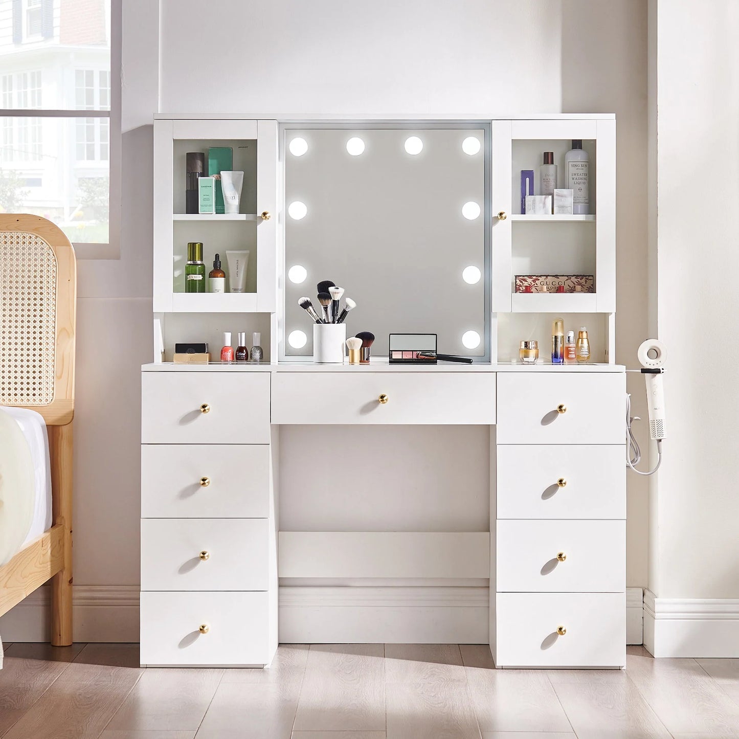 Coiffeuse verre 47 pouces miroir lumières rangement prise(White)