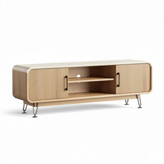 Meuble TV en bois naturel avec portes en verre et pieds en métal 150 x 40 x 50cm