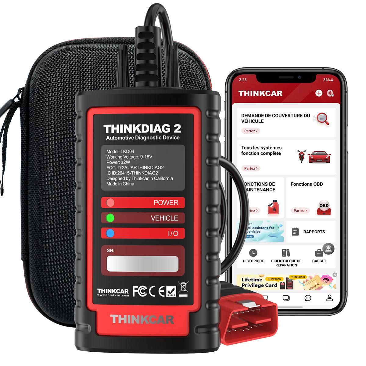 THINKDIAG 2 - Scanner Pro Bidirectionnel, Repro. Clés, OBD2 Bluetooth - Pour Garages  Particuliers(Noir/Rouge)