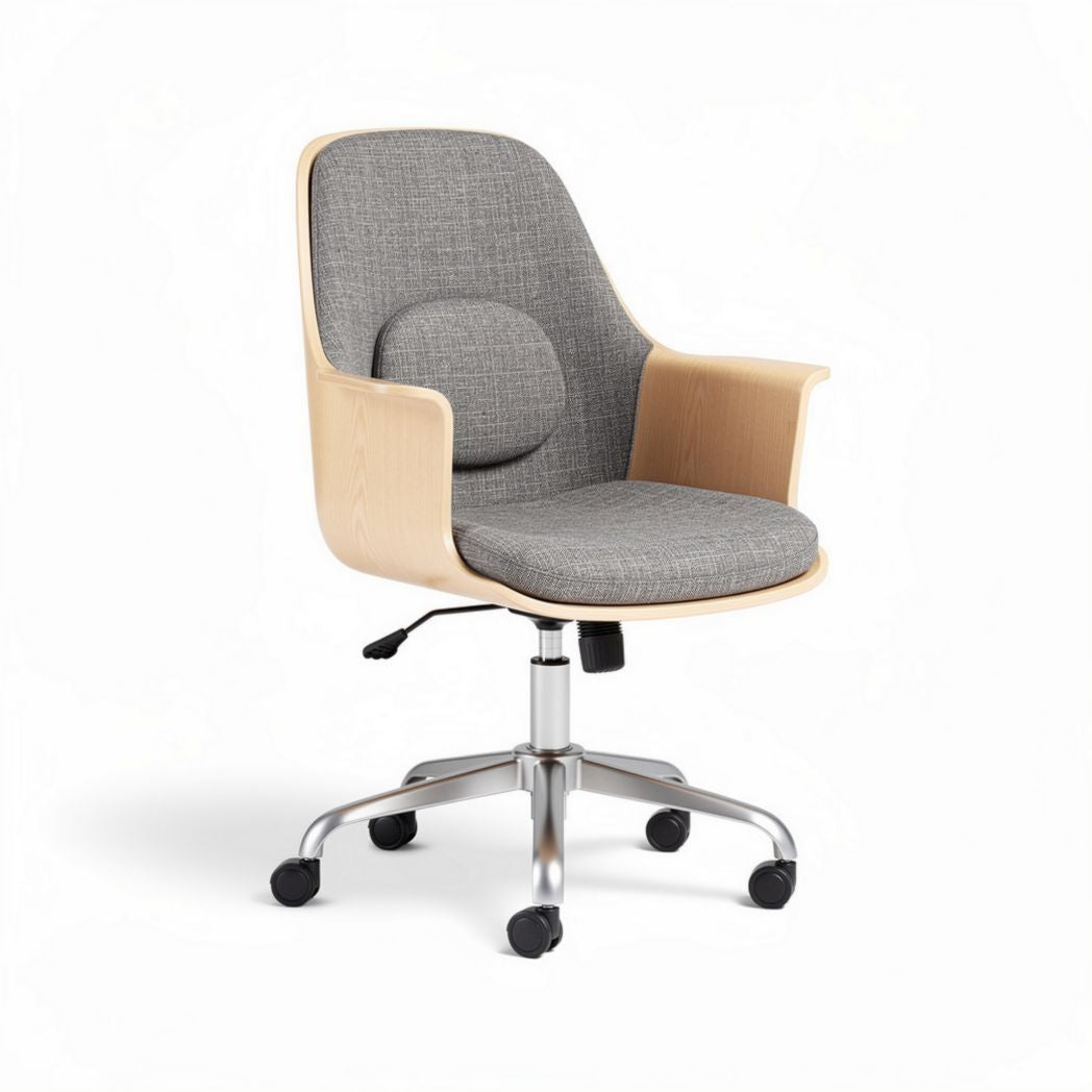 Chaise de bureau en bois et tissu gris avec accoudoirs et roulettes 50 x 50 x 90cm