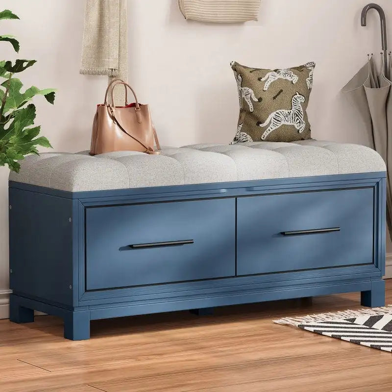 Shoe Bench with Removable Cushion and Hidden Storage for Entryway and Living Room Organization(Navy Blue)