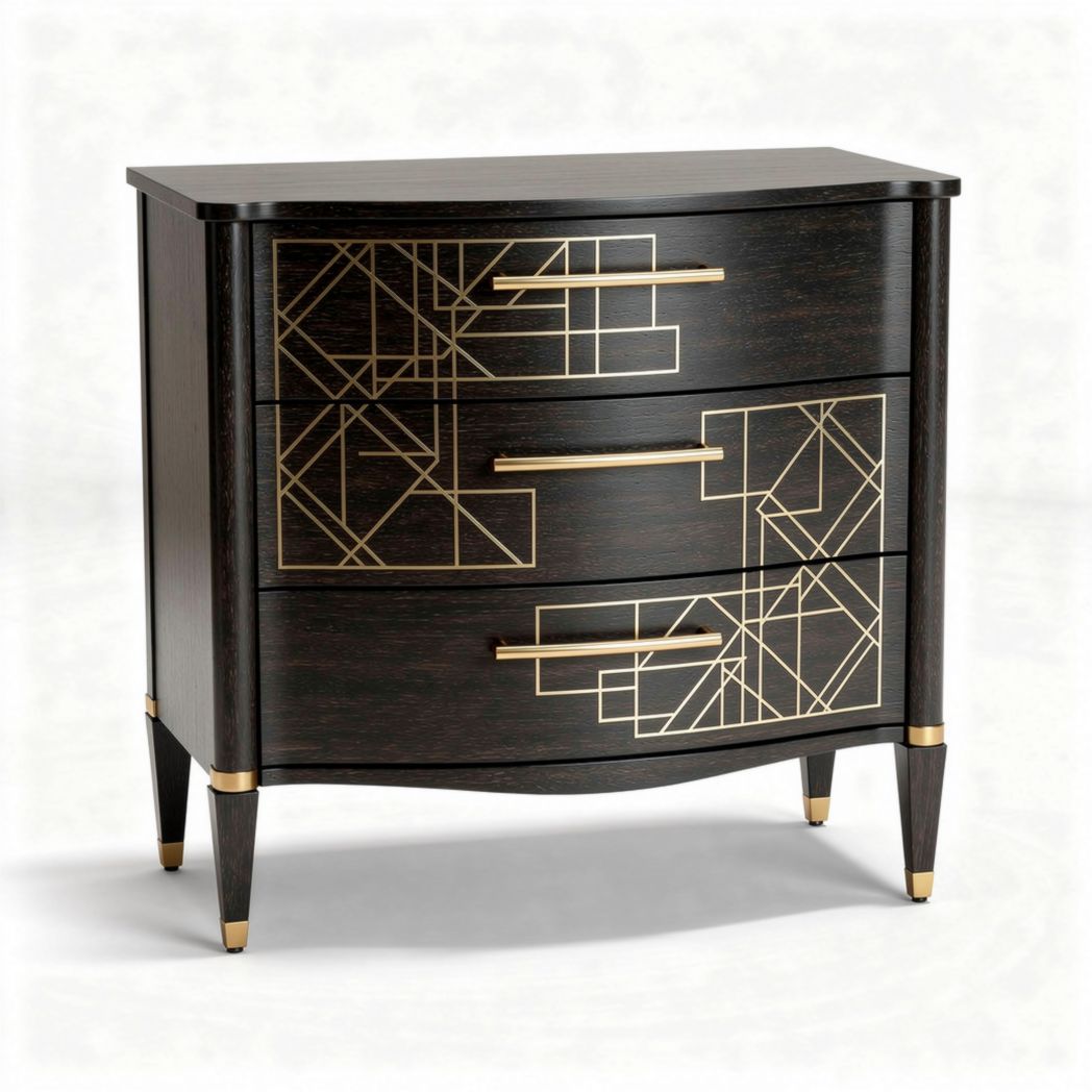 Commode en bois noir avec trois tiroirs décorés de motifs géométriques 60 x 40 x 80cm