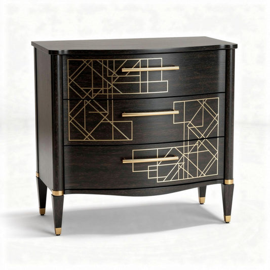 Commode en bois noir avec trois tiroirs décorés de motifs géométriques 60 x 40 x 80cm