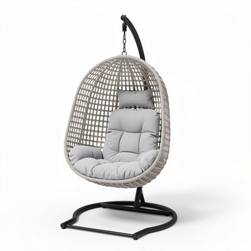 Chaise suspendue en métal tissé avec coussins beige 90 x 90 x 120cm