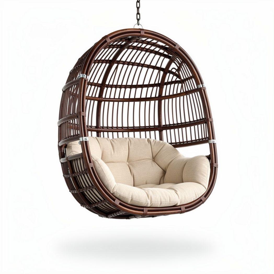 Chaise suspendue en rotin brun avec coussin crème 100 x 100 x 120cm