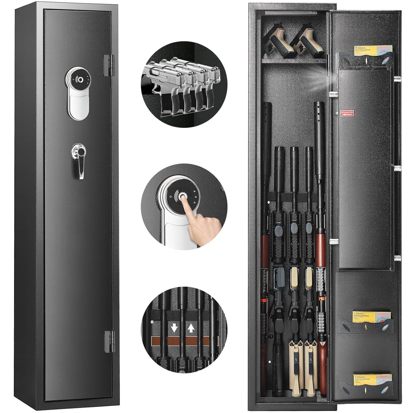 VEVOR Armoire à 5 Fusils 4 Pistolets en Acier Coffre-Fort pour Armes à Feu 2 Façons de Verrouillage Empreinte Digitale et Clé Anti-Effraction Alarme Antivol et Mode Silencieux Domicile 28x30x138 cm(Noir)