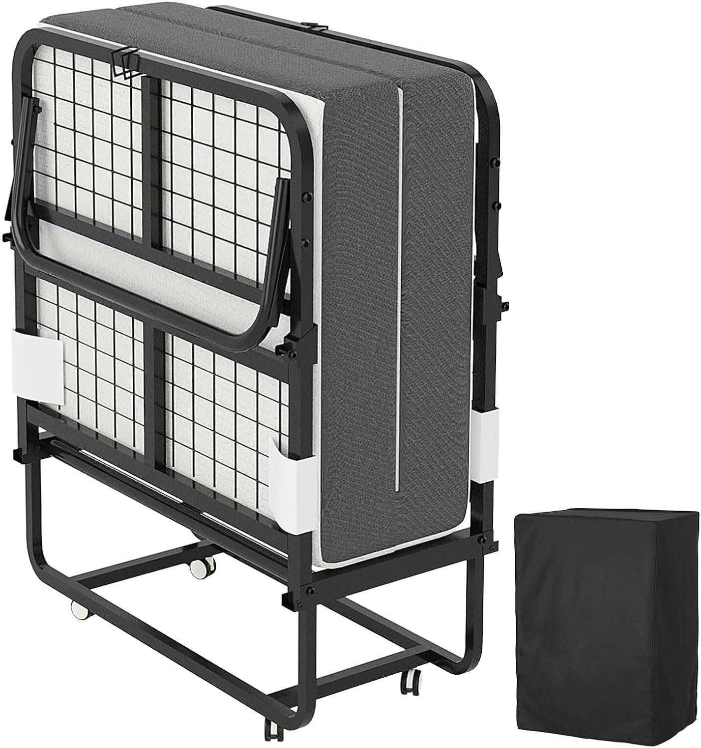 CAIYUN lit pliant 1 personne 80 × 190 cm avec matelas mousse 13 cm, sommier à lattes métal, 4 roulettes, charge 200 kg(Noir/Blanc)