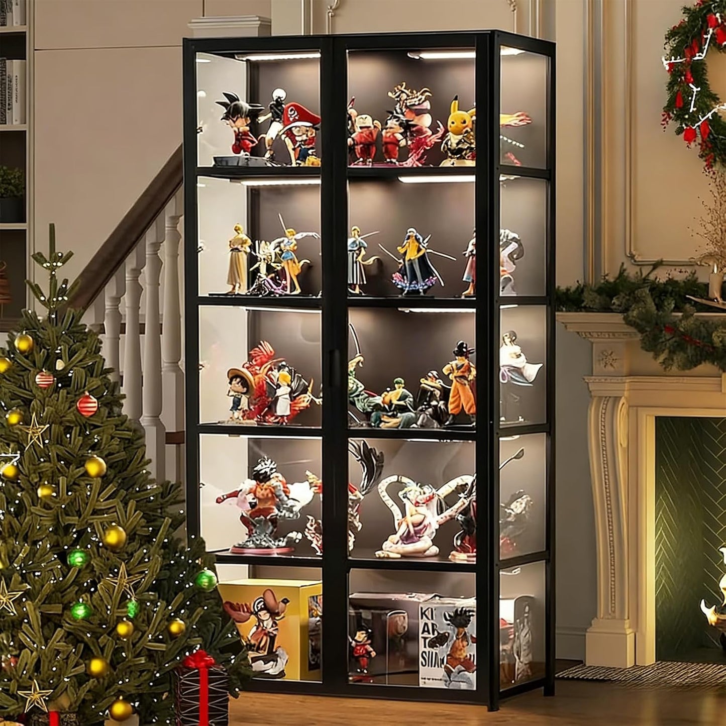 Vitrine avec porte en verre acrylique, vitrine curio à 5 niveaux pour objets de collection, double ouverture noire(Noir)
