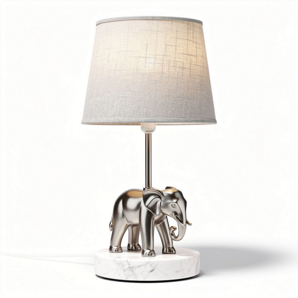 Lampe de table éléphant en métal argenté avec abat-jour en lin beige 25 x 25 x 40cm
