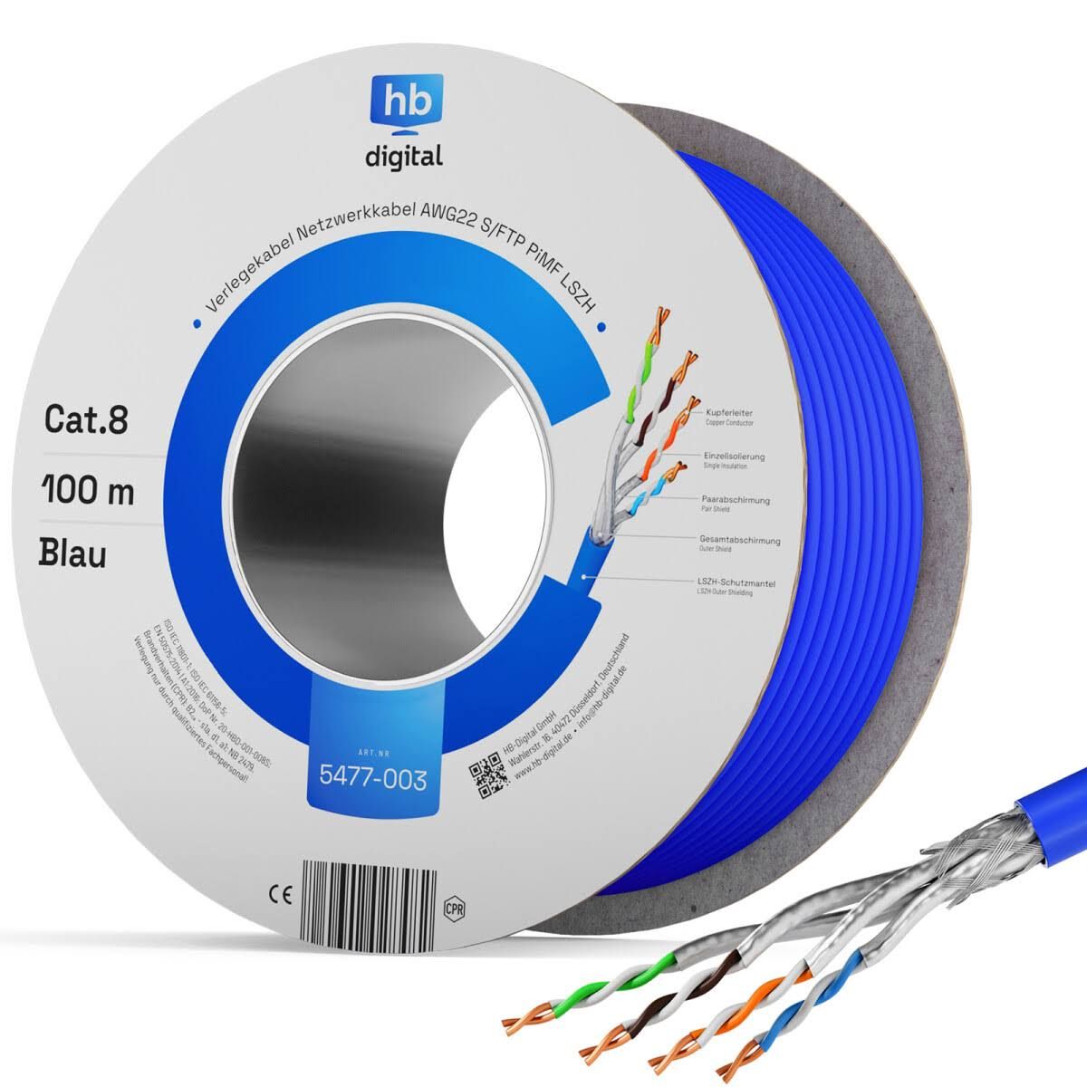 100m Câble ethernet CAT 8 max. 2000 MHz S/FTP AWG22 LSZH bleu(Bleu)