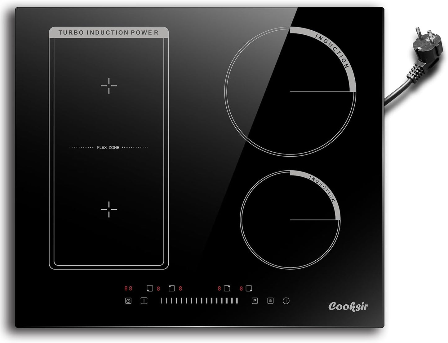 Plaque Induction 4 Feux avec Prise, Table de Cuisson Induction Encastrable 60cm, Plaque Electrique 4 Feux 3500W, Zone Combinée pour le Gril, Commande Tactile à Curseur, 220V(Noir)