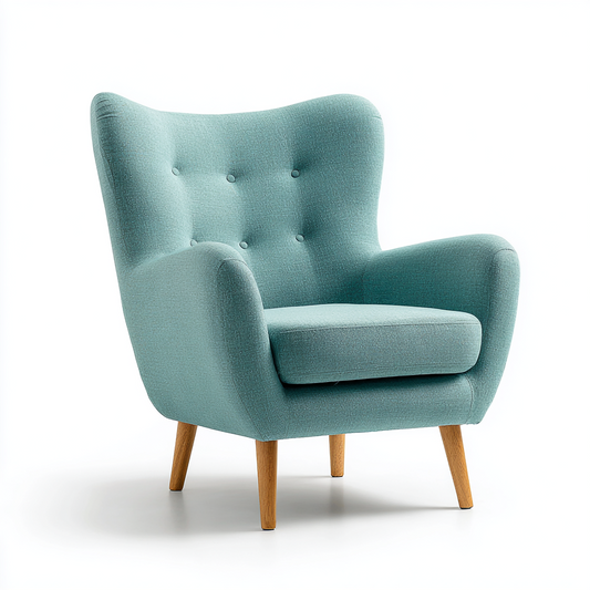 Fauteuil lounge en tissu vert d’eau avec pieds en bois