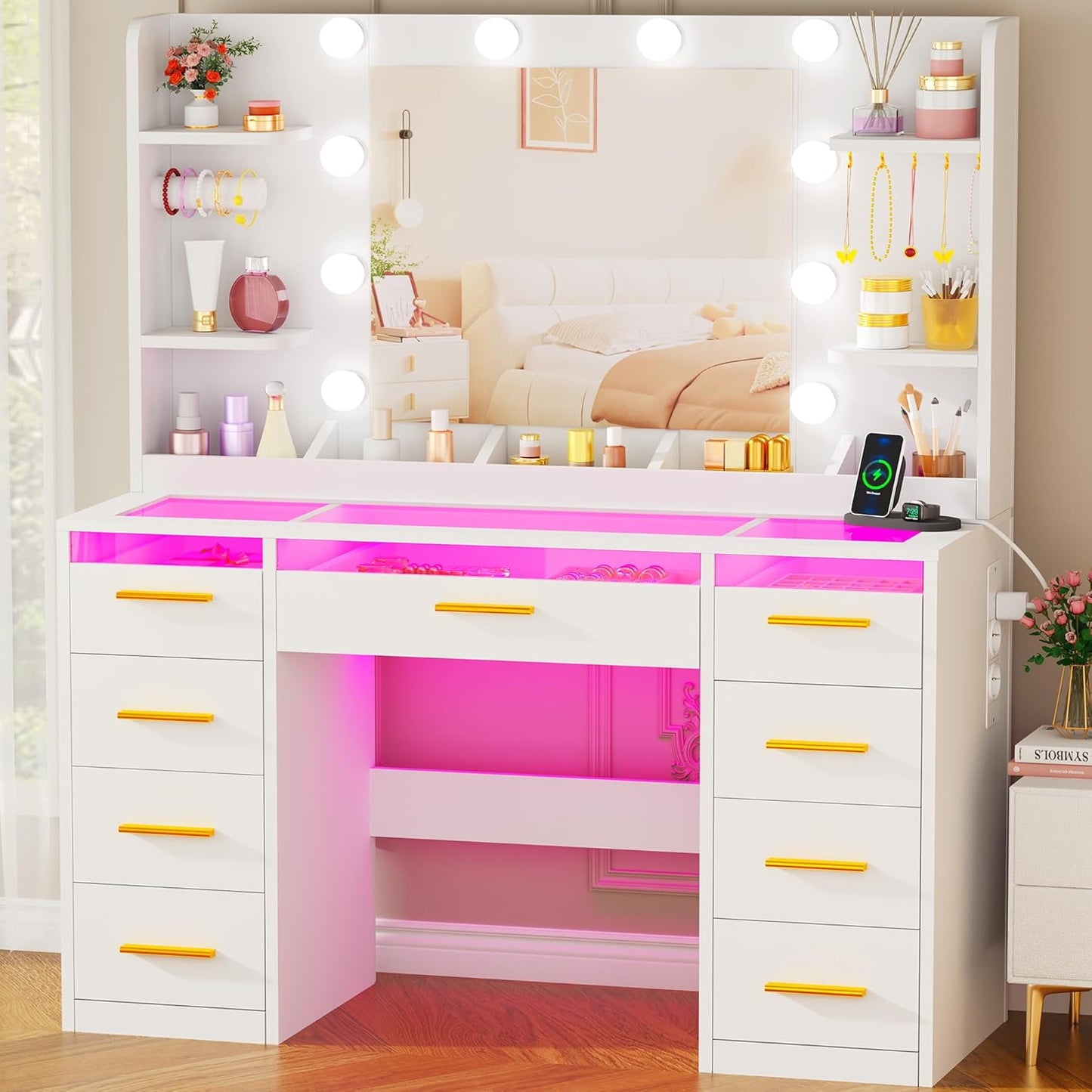 ANWBROAD coiffeuse blanche avec miroir et éclairage LED 3 couleurs, plateau en verre, 9 tiroirs RGB, 4 étagères, prise intégrée(Blanc/Rose)