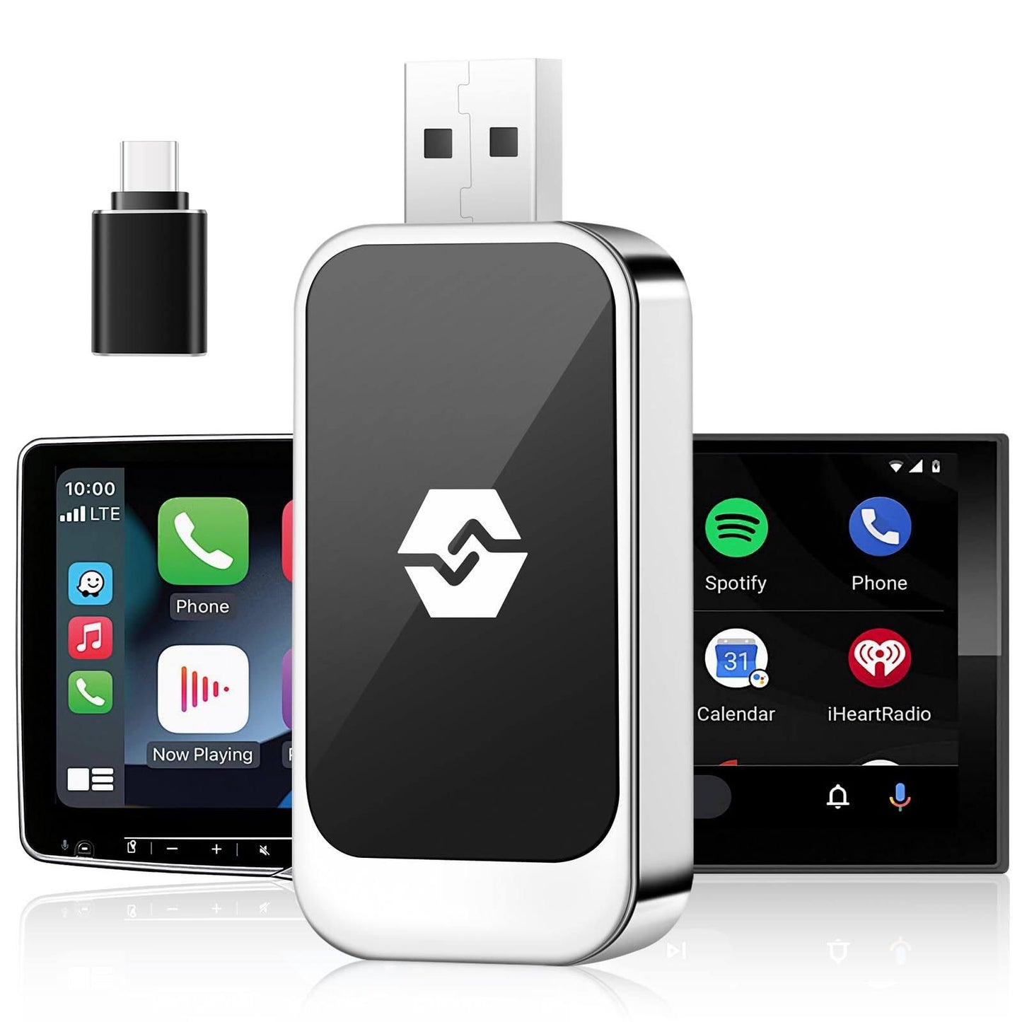 Adaptateur Car-Play sans Fil pour iOS et Android, Euakee Le Plus Petit et Le Plus Rapide Adaptateur Car-Play sans Fil, Plug  Play Convertir Les(Noir/Argent)
