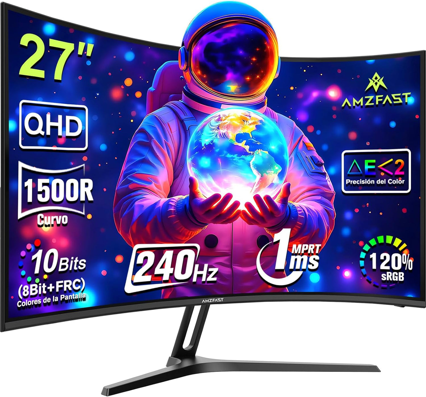 Amzfast Écran PC Gaming 27 Pouces Incurvé, 2K QHD(2560 x 1440), 240Hz Moniteur, 1Ms MPRT, 1500R, sRGB 120 pour cent, Adaptive Sync, Low Blue Light,VESA 100 * 100, HDMI 2.0 * 2/DP 1.4 * 2, AMZG27C1Q Pro(Noir)