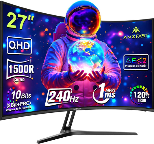 Amzfast Écran PC Gaming 27 Pouces Incurvé, 2K QHD(2560 x 1440), 240Hz Moniteur, 1Ms MPRT, 1500R, sRGB 120 pour cent, Adaptive Sync, Low Blue Light,VESA 100 * 100, HDMI 2.0 * 2/DP 1.4 * 2, AMZG27C1Q Pro(Noir)
