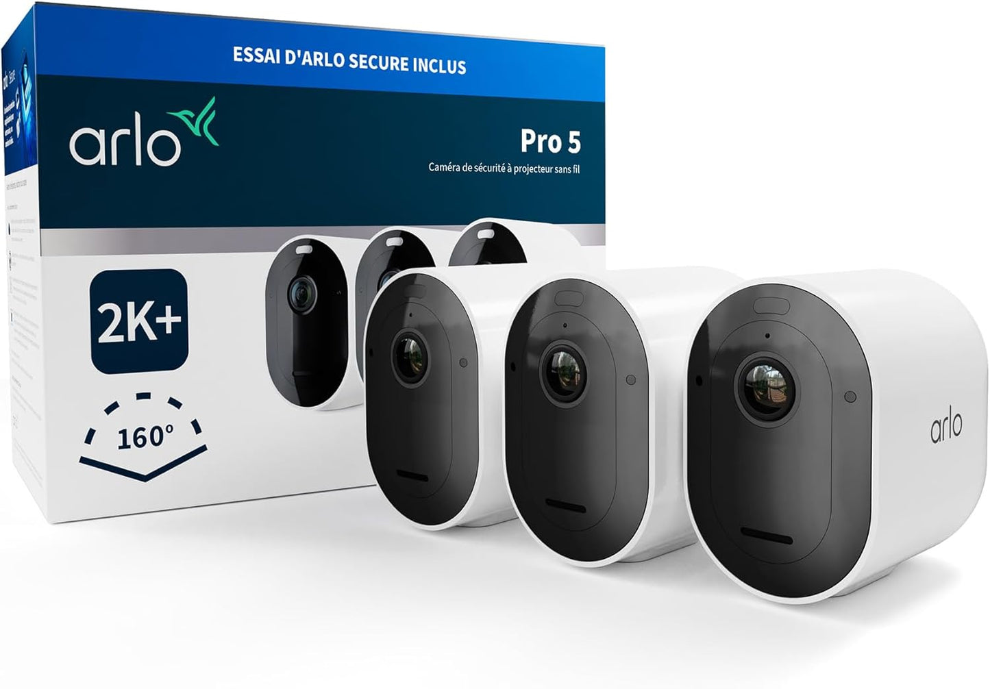 Arlo Pro 5 2K, Caméra de Surveillance WiFi Extérieure Sans Fil, Vision Nocturne Couleur Avancée, Éclairage, Sirène et WiFi Double Bande, Essai Abonnement Secure Inclus, 3 Caméras Blanc(Blanc)