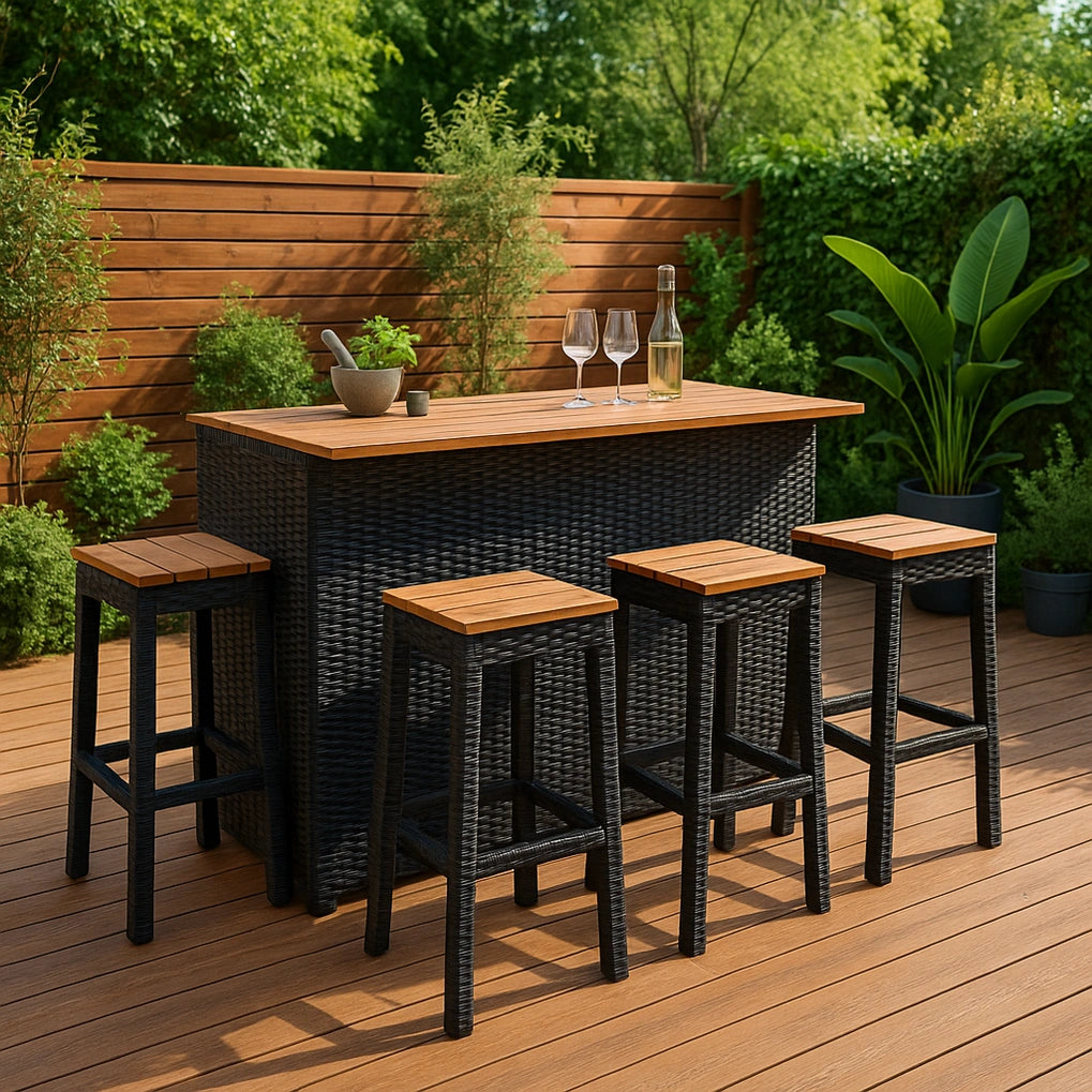 Ensemble de bar de jardin avec 1 table haute et 4 tabourets, structure en résine tressée noire et plateau en bois, table 120x60x105 cm, tabourets 30x30x75 cm(Noir/Bois)