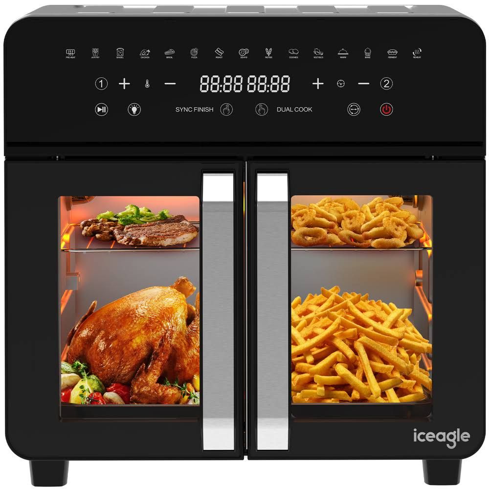 Iceagle Friteuse a Air 23L Dual Zone XXL Friteuse Sans Huile Air Fryer, 15 Programmes, 2200W, Recette(Noir)