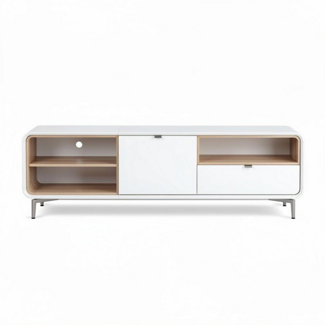 Meuble TV en bois et MDF blanc avec étagères et tiroirs 120 x 40 x 50cm