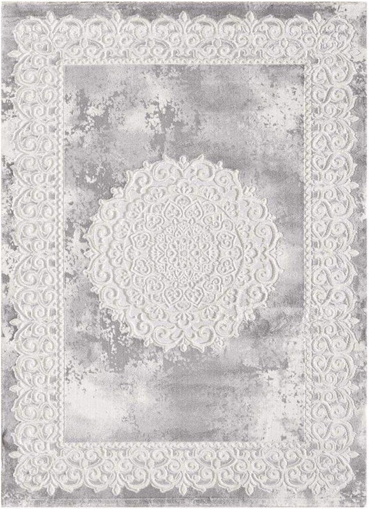 1A2T - Tapis Salon Moderne Design Oriental Style - Grand Tapis Salon Gris 160x220 cm - Tapis à Poils Ras Rectangulaire idéal pour Le Salon, 3582(Gris/Blanc)