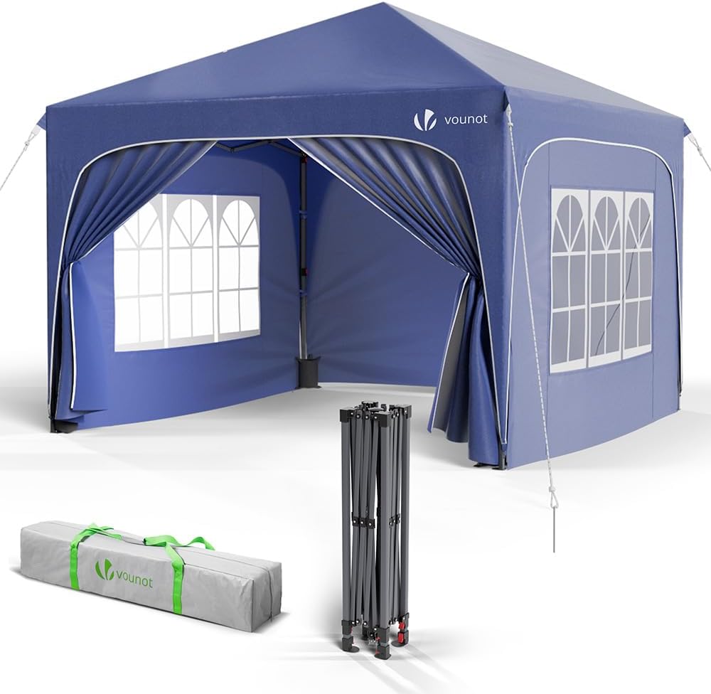 VOUNOT® Tonnelle de Jardin 3x3m Tente Pliable Imperméable avec Parois Anti UV Chapiteau de Jardin Exterieur Hauteur Réglable avec Sac de Transport pour Camping Festival Plage Jardins Bleu(Bleu)