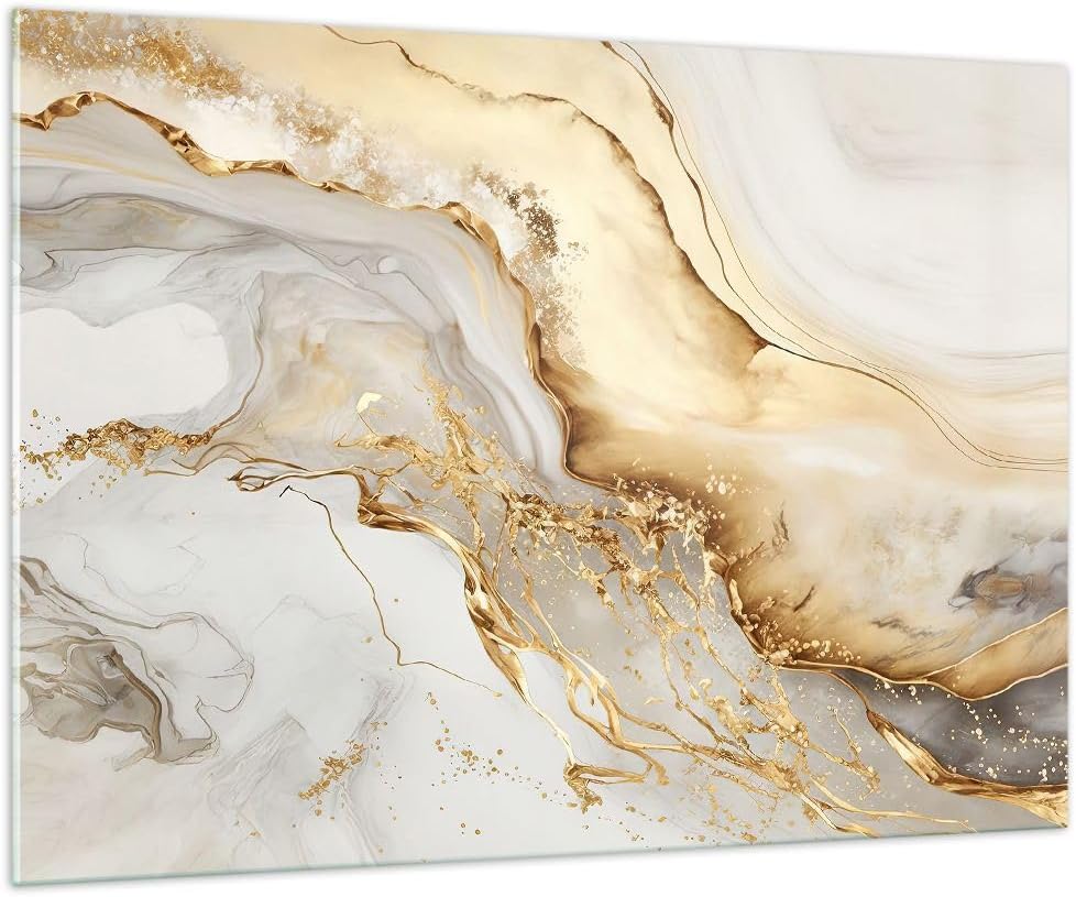 Moderne Impression sur Verre 100x70cm Image Tableau en Verre Decoration Murale Marbre Charme Élégant Grand Tableaux Decoratifs Muraux Chambre Cuisine Horizontal Deco Cadre Salon Art GAA100x70-5730(Blanc/Doré/Gris)