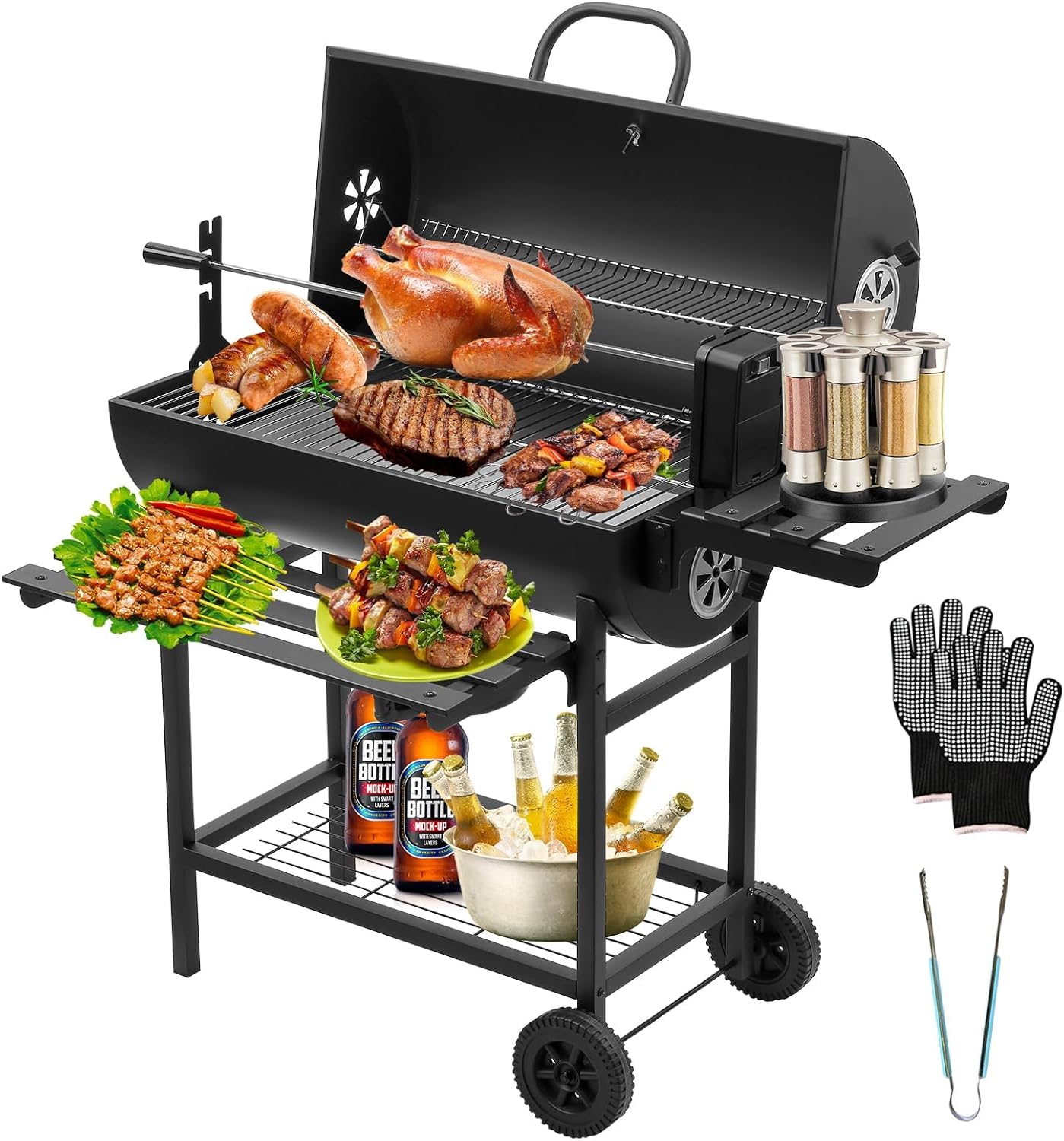 TEENO Barbecue Charbon de Bois,avec Grille de Cuisson XXL,Gants Anti-BrûLures, ThermomèTre,Tiroir à Cendres, éVent RéGlable,Grand Barbecue au Charbon de Bois(Upgraded (with Chicken Grill))(Noir)