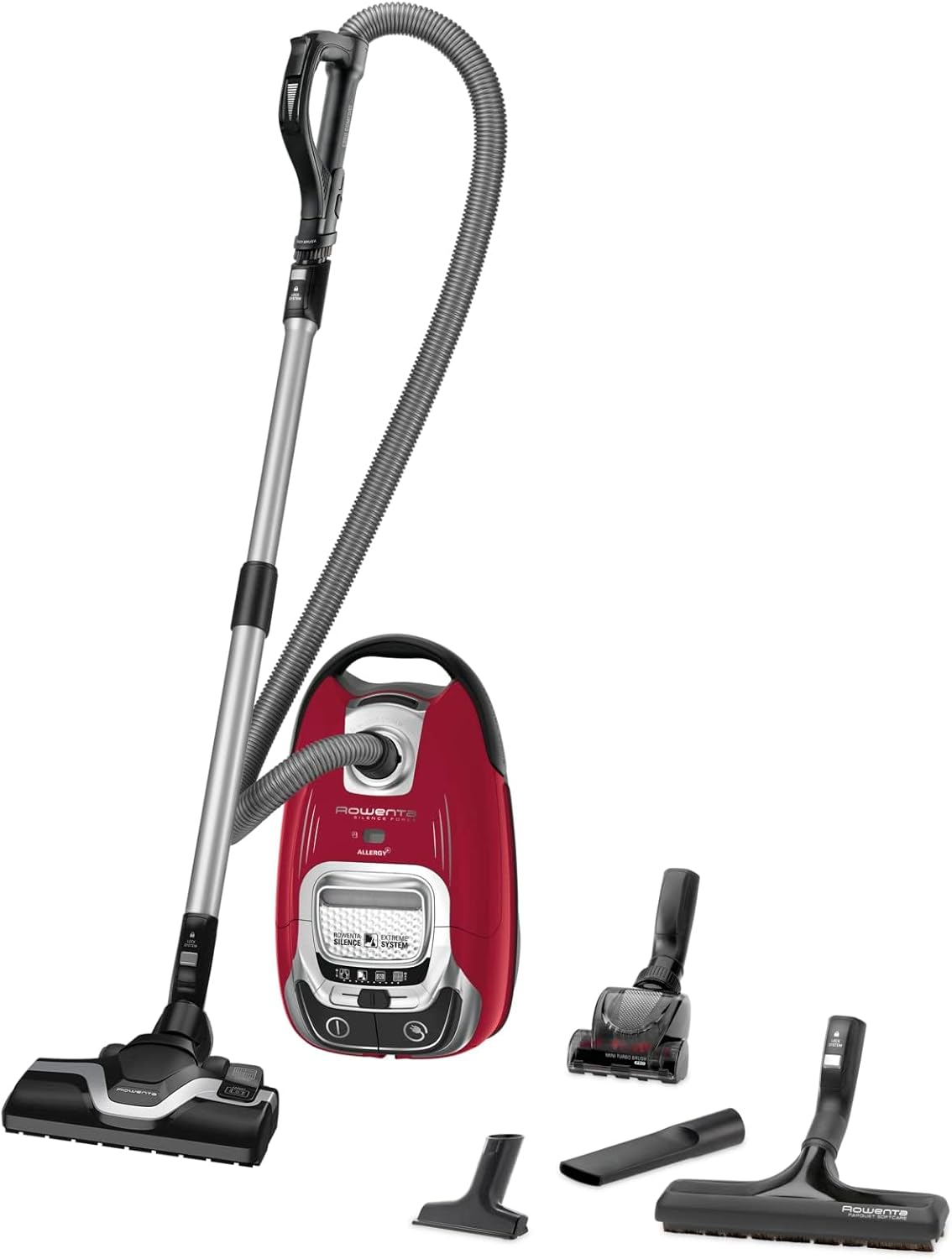 Rowenta Aspirateur avec sac, Silencieux, Performant, Basse consommation d’énergie, Haute filtration, Capacité 4,5 L, Accessoires poils d'animaux, Fabriqué en France, Silence Force, Rouge RO7473EA(Rouge/Gris/Noir)