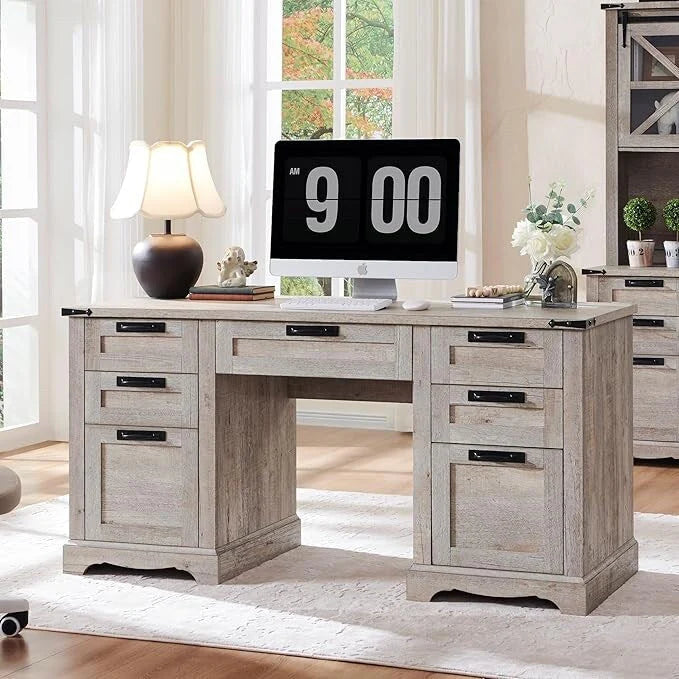 60 Farmhouse Executive Desk, Wood Home Office Desk, Computer Desk(Light Rustic Oak)