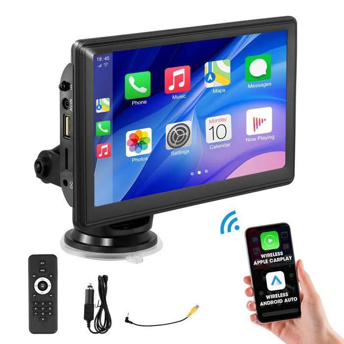 ttlife Écran Carplay pour Voiture,9'' sans Fil App Le Carplay et Android Auto Autoradio(Noir)