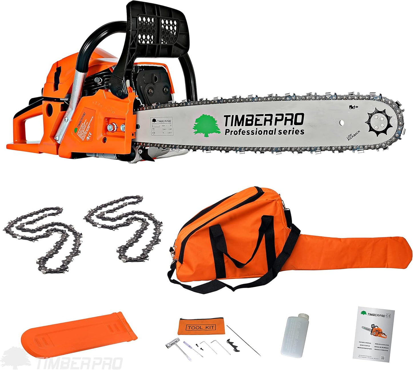 TRONÇONNEUSE THERMIQUE 61,5 CM³, PUISSANCE 3,6 CV, GUIDE 50 CM + 2 CHAINES(Orange/Noir/Argent)